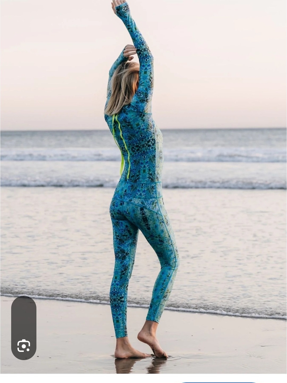 Long-Sleeve Blue Patterned Full Coverage One-Piece Swimsuit